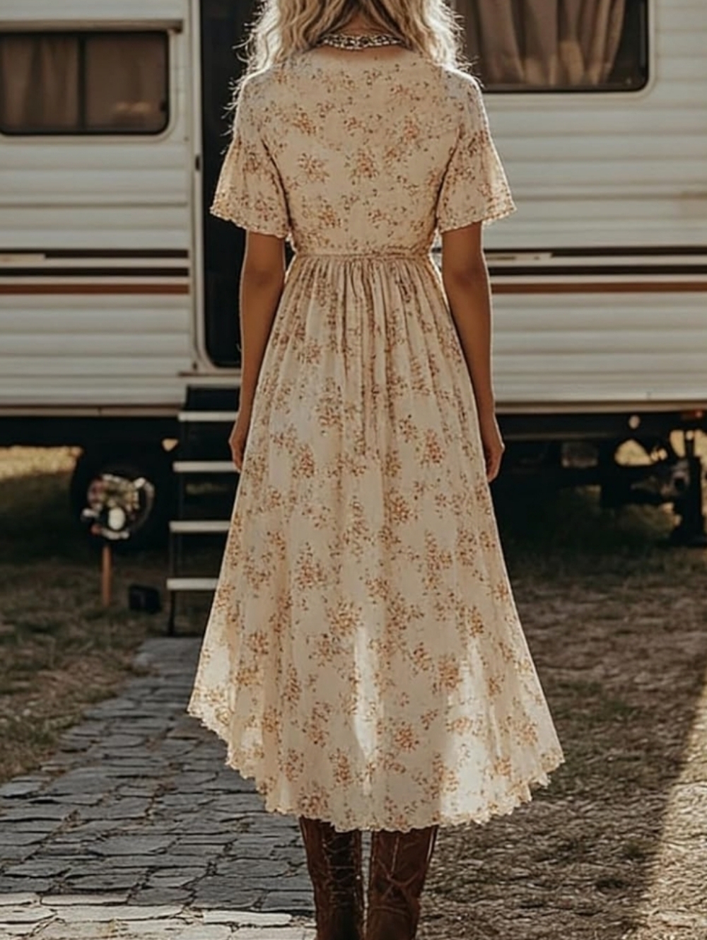 Boho Cream Floral High-Low Dress with Flutter Sleeves. NWOT Size Large - Picture 4 of 9
